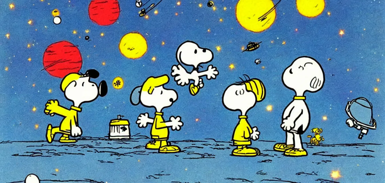 Image similar to calvin and snoopy in space exploring an alien planet, drawn by bill watterson and charles schulz, very detailed and cute and dreamy and playful