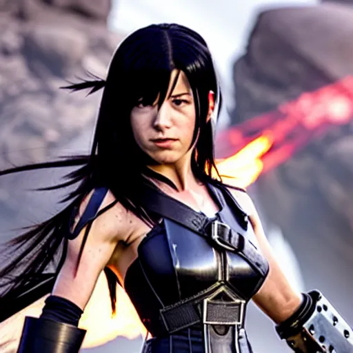Prompt: promotional image of <Tifa Lockhart> as <War Priestess> in the new movie directed by <Tetsuya Nomura>, <heavily armored and brandishing shillelagh>, <perfect face>, movie still frame, promotional image, imax 70 mm footage