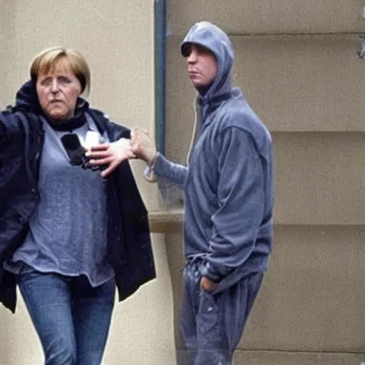 Image similar to Angela Merkel dressed as Eminem in the movie 8 mile, movie still