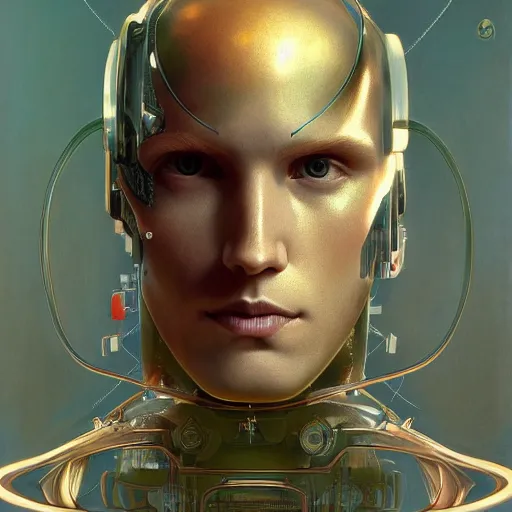 Prompt: portrait of a beautiful ginger male android, coy, circuitry visible in head, in the style of ex machina, karol bak, alphonse mucha, greg rutkowski, award winning, hr giger, artstation