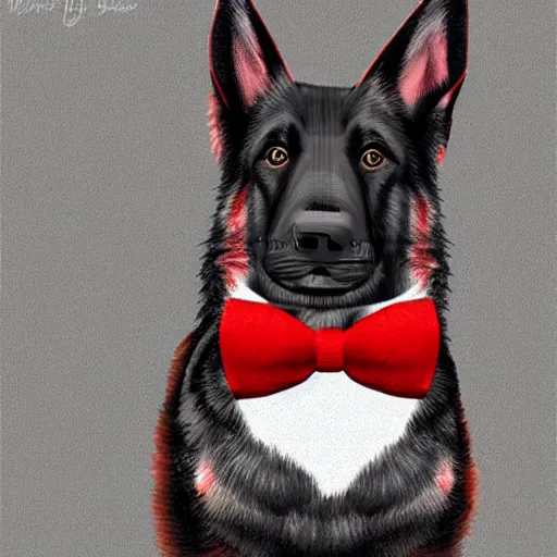 Image similar to german shepherd wearing a tuxedo with a red bow tie, digital art, highly detailed,