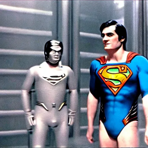 Image similar to a film still of a Stanley Kubrick's movie about superman, 1970s