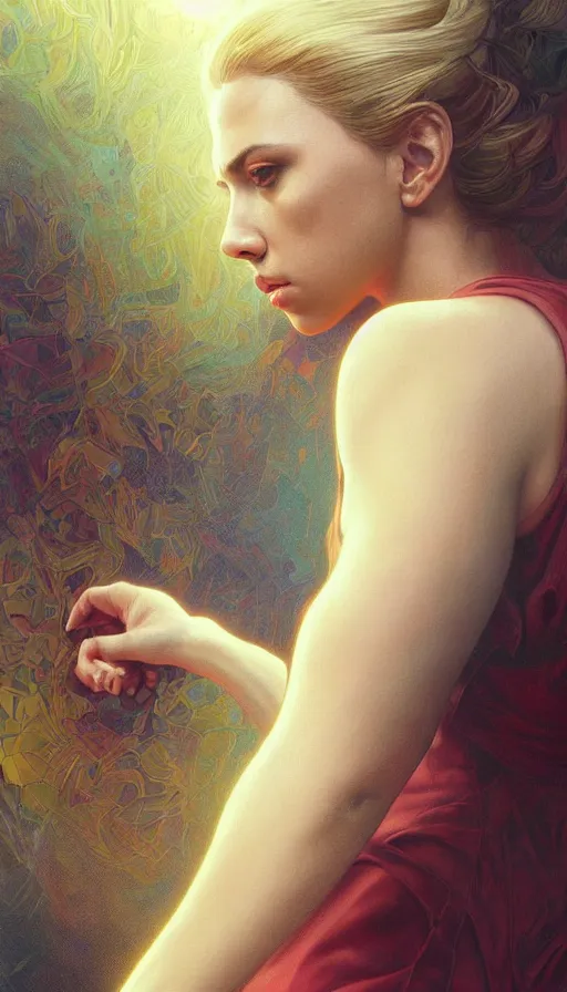 Image similar to scarcity, fibonacci, sweat drops, insane, scarlett johansson, intricate, highly detailed, digital painting, artstation, concept art, smooth, sharp focus, illustration, Unreal Engine 5, 8K, art by artgerm and greg rutkowski and alphonse mucha