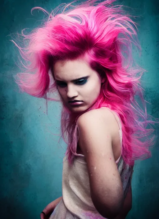 Prompt: a dramatic lighting photo of a beautiful young woman with cotton candy hair. paint splashes. moody, melanchonic. with a little bit of cyan and pink