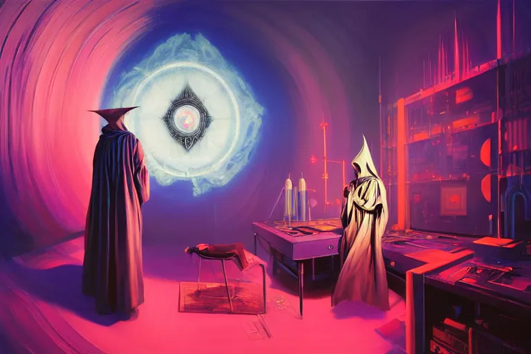 Image similar to A beautiful masterpiece painting of a technomancer wizard in robes with pointed hood discussing sentience with his synthesized Al djinn in his laboratory near a computer (by Remedios Varo and Anato Finnstark and Greg Rutkowski), (dayglo pink, dayglo blue, dazzle camouflage), 8k, trending on ArtStation