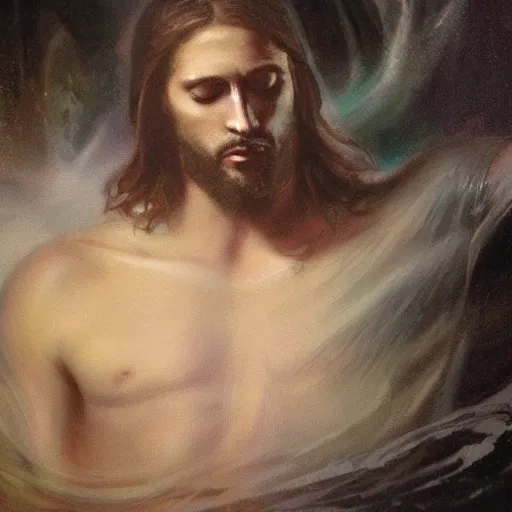 Image similar to painting of Jesus wading through a murky pool in a dark cave, surrounded by a vivid silver light, flowing royal robes with goly inlay, blood dripping from his hair, stern expression with a chiseled jaw and fiery eyes, by Jeremy Mann, stylized, detailed, realistic, loose brush strokes, intricate, cold