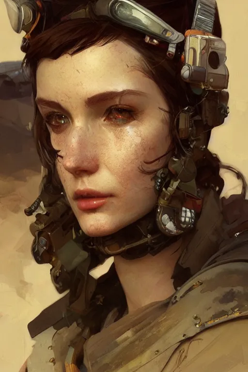 Image similar to A full portrait of a beautiful post apocalyptic fighter pilot, intricate, elegant, highly detailed, digital painting, artstation, concept art, smooth, sharp focus, illustration, art by Krenz Cushart and Artem Demura and alphonse mucha