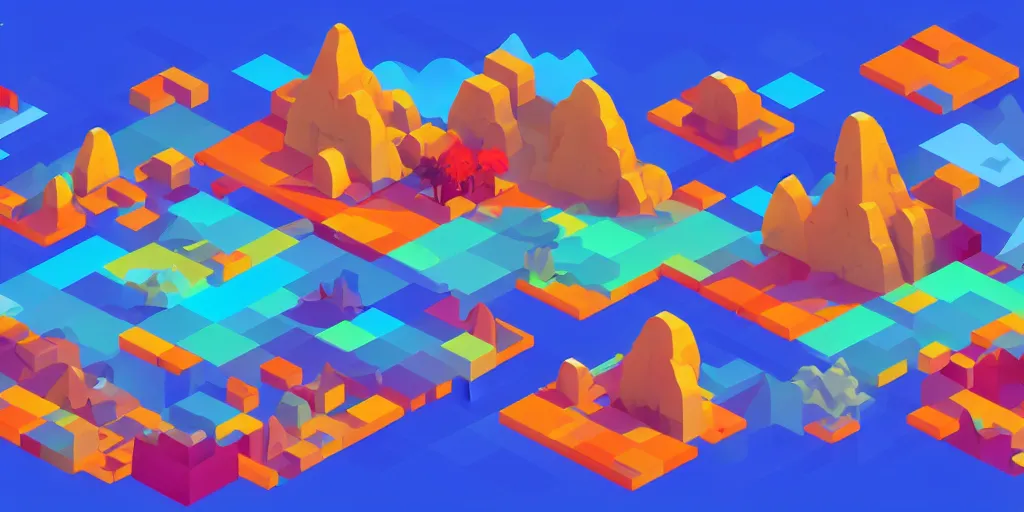 Prompt: an isometric colorful videogame world, epic mountains, duotone, azure ocean in the background, blocks