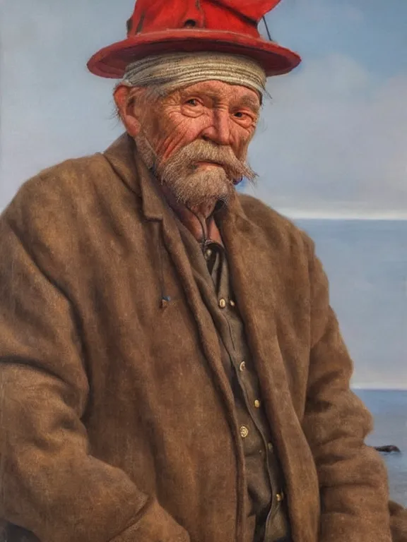 Image similar to realistic renderings portrait of very old fisher man portrait with a hat, wearing a fisher 🧥, port scene background, astonishing scenes, detailed, photorealism, volumetric lighting, autumn lights colors, ultra detailed