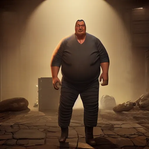 Image similar to hyper realistic, extremely obese steven seagal from mortal kombat, unreal engine, greg rutkowski, beeple global illumination, translucent, sub - surface scattering,