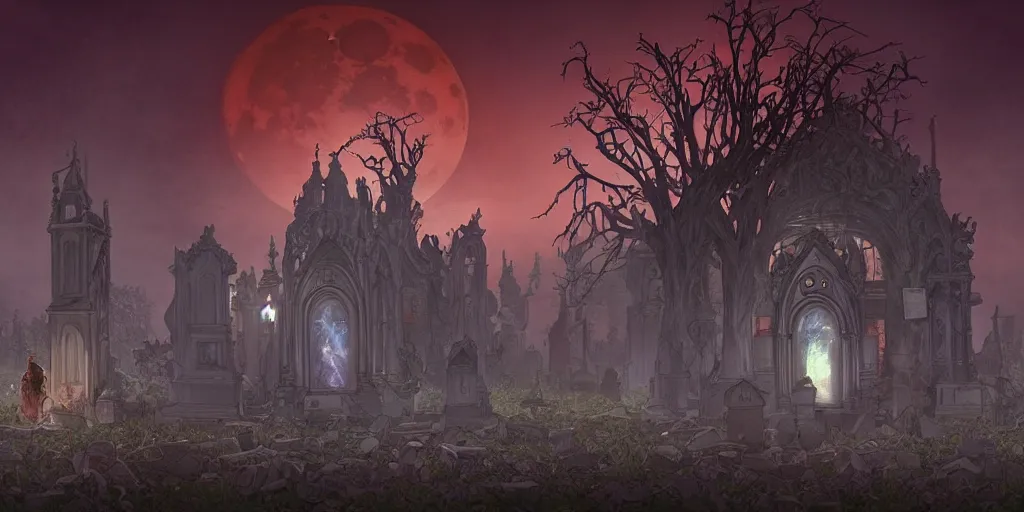 Image similar to an ultra detailed animation of a graveyard at midnight, digital art, dark fantasy, concept art, soulslike, by alphonse mucha, blood moon eclipse, ruined building in the background, artstation, 8 k, unreal engine render