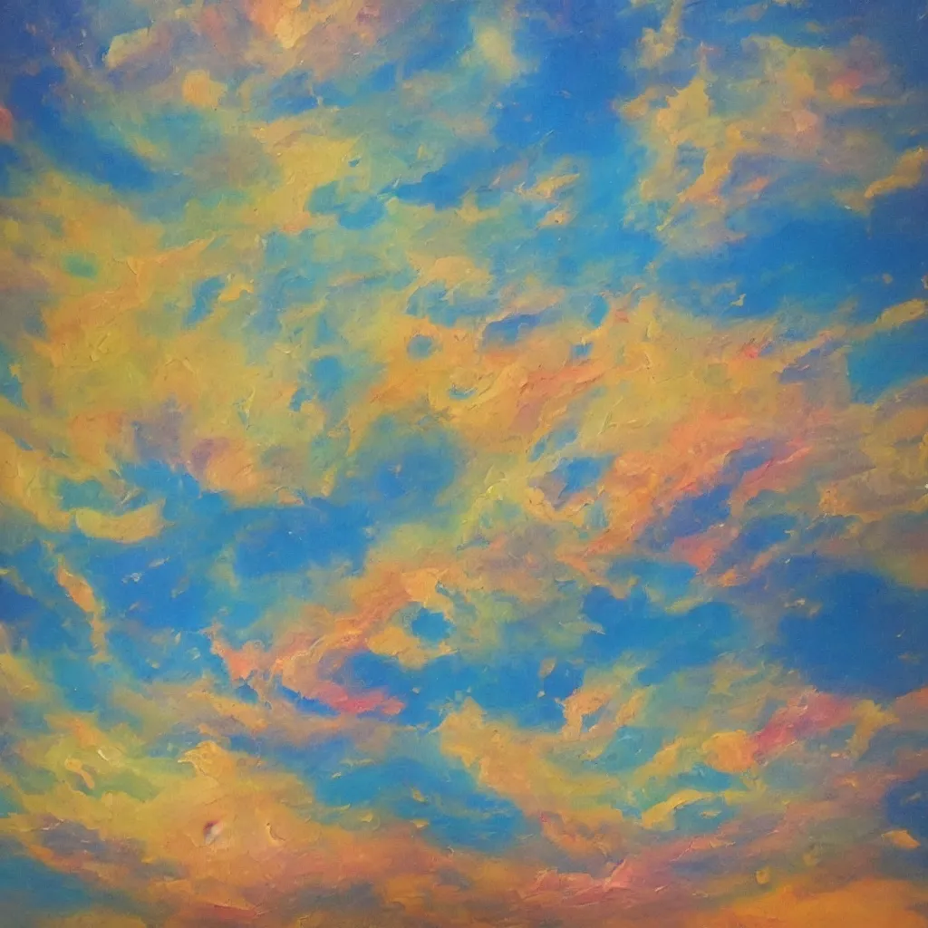 Image similar to large different coloured clouds painted in 2 inch thick!!! impasto shiny dripping oil paint