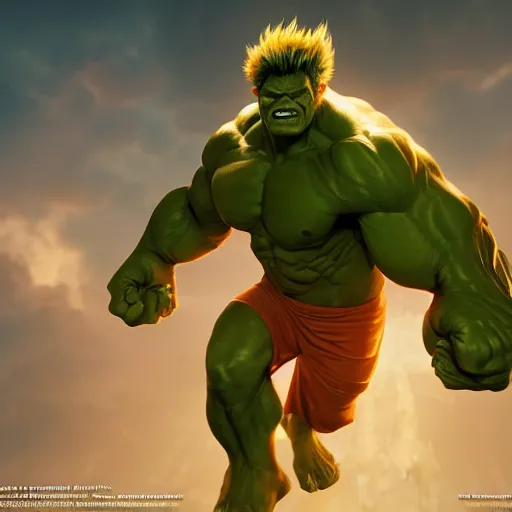 Prompt: the hulk going super sayain, au naturel, hyper detailed, digital art, trending in artstation, cinematic lighting, studio quality, smooth render, unreal engine 5 rendered, octane rendered, art style by klimt and nixeu and ian sprigger and wlop and krenz cushart