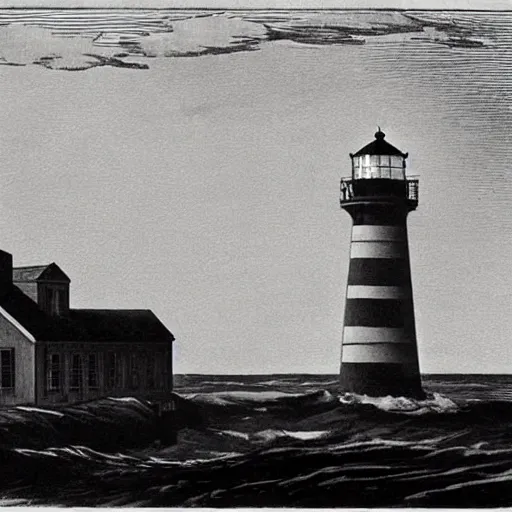 Prompt: an engraving of a storm battering a lighthouse by edward hopper