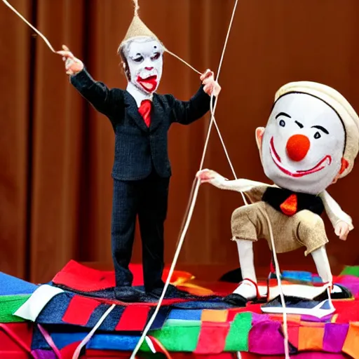 Image similar to puppet show with a puppeteer using a string marionette of a president with clown makeup in a podium