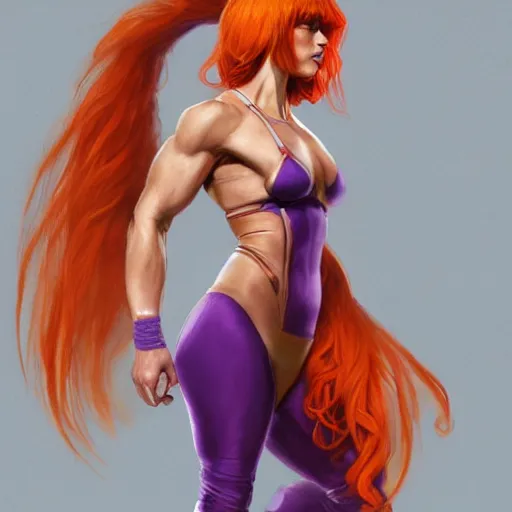 Prompt: full figure ultra realistic illustration, extremely tall female wrestler with orange hair with bangs wearing a purple costume, intricate, elegant, highly detailed, digital painting, artstation, concept art, smooth, sharp focus, illustration, art by artgerm and greg rutkowski and alphonse mucha