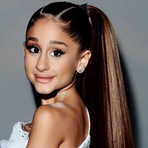 Prompt: HD realistic photograph of Ariana Grande. Zoomed in face portrait. Beautiful 130mm photography, award-winning. Everyone is such a big fan of this pop princess. HD Face. ID Badge photo. LinkedIn photo. Professional photo. Slender face, cat-eye makeup. countoured makeup. Ponytail.