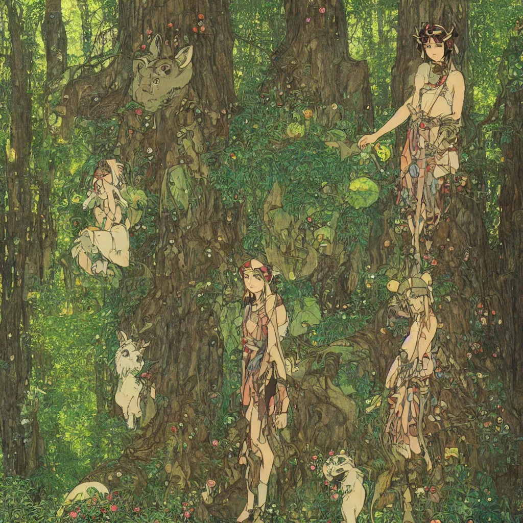 Image similar to Princess Mononoke, fully clothed in armor, lush fairy forest, neon, concept art, schematics, studio ghibli, gnarly trees, painted by gustav klimt, norman rockwell, mucha, james gurney, high detail, denoised, sharp, architectural