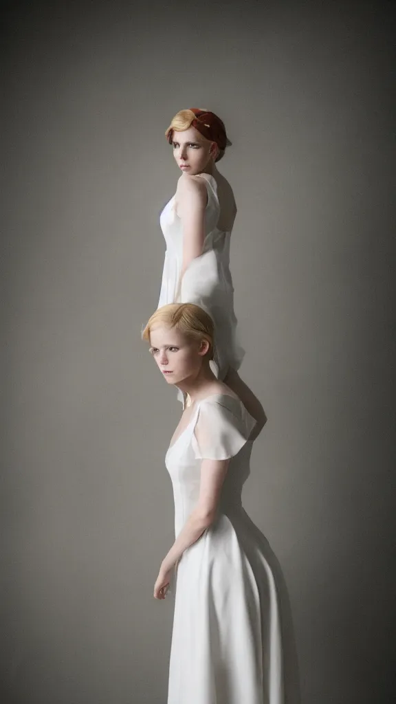 Image similar to studio photo of gorgeous emily skinner cosplaying annie leonhart wearing heels and wearing elegant white dress in a white room looking up, beautiful face, pale skin, rule of thirds, cinematic lighting, rainy weather, melancholy atmosphere, sharp focus, backlit, stunning, smooth, hard focus, full body shot, studio photo, shot on sony a 7 iii, hyper realistic,