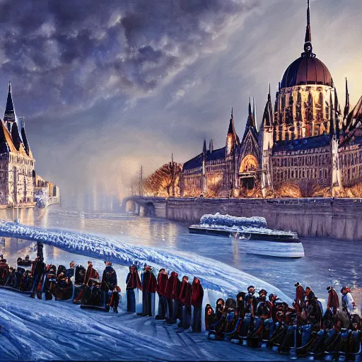 Prompt: an extremely realistic painting depicting the coronation of viktor orban on the frozen danube, detailed, intricate, elegant, fat, highly detailed, digital painting, artstation, concept art, smooth, sharp focus, illustration,