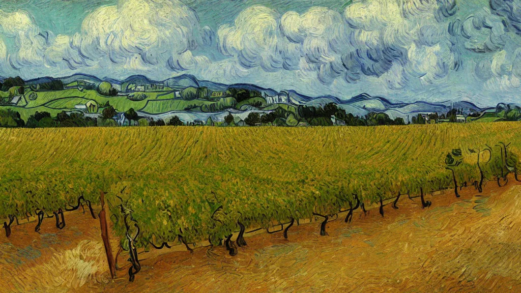 Prompt: trending on artstation, an idyllic vineyard, oil on canvas, matte painting, in the style of Vincent van Gogh