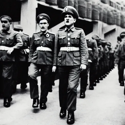 Image similar to mario as prison camp guard marching, wwii, officers uniform