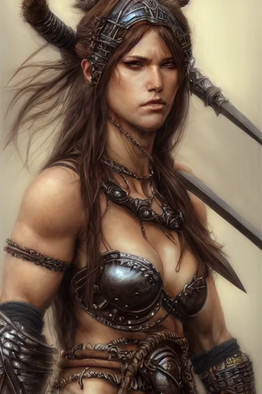 Image similar to portrait of a barbarian, female, high fantasy, dnd, face details, extremely detailed, smooth, sharp focus, digital illustration, by luis royo, magali villeneuve, donato giancola, wlop, krenz cushart, artgerm