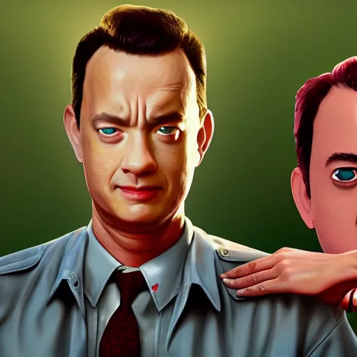 Prompt: tom hanks as forrest gump with giant shrimp heads instead of hands, photorealistic, cgsociety, artstation