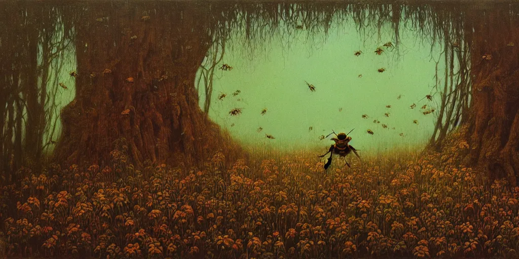 Image similar to painting in style of beksinski featuring a honey bee lost in the forest