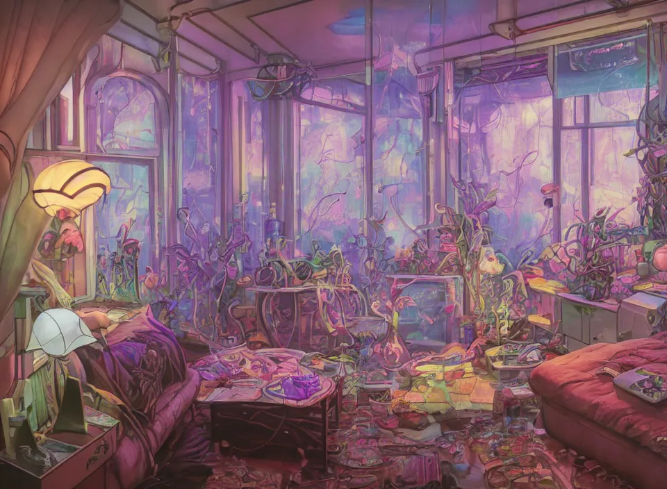 Image similar to telephoto 7 0 mm f / 2. 8 iso 2 0 0 photograph depicting the feeling of chrysalism in a cosy cluttered french sci - fi ( art nouveau ) cyberpunk apartment in a pastel dreamstate art cinema style. ( aquarium, computer screens, window ( city ), leds, lamp, ( ( ( aquarium bed ) ) ) ), ambient light.