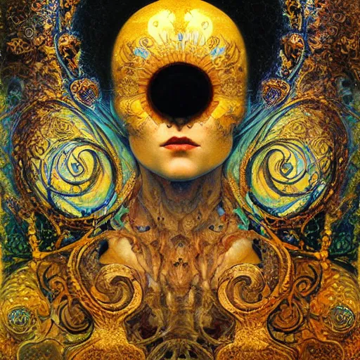 Image similar to Memento Mori by Karol Bak, Jean Deville, Gustav Klimt, and Vincent Van Gogh, beautiful visionary mystical portrait, calavera, otherworldly, fractal structures, ornate gilded medieval icon, third eye, spirals, jeweled calavera