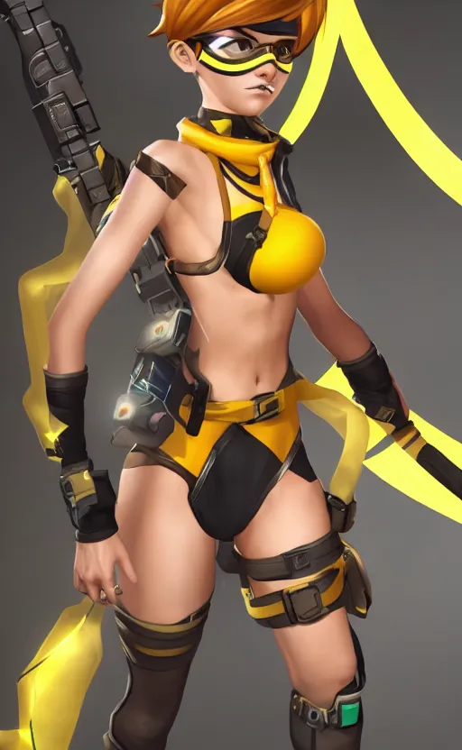 Image similar to tracer game character, in yellow bikini, blonde hair, black eyes, full height