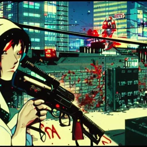 Prompt: 1991 Video Game Screenshot, Anime Neo-tokyo Cyborg bank robbers vs police shootout, bags of money, Police officer shot, Bullet Holes and Blood Splatter, Cyberpunk, Anime VFX, Violent, Action, MP5S, FLCL, Highly Detailed, 8k :4 by Katsuhiro Otomo + Studio Gainax + Arc System Works : 8