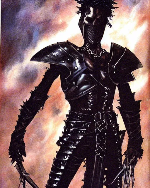 Image similar to portrait of a skinny punk goth denzel washington wearing armor by simon bisley, john blance, frank frazetta, fantasy, thief warrior