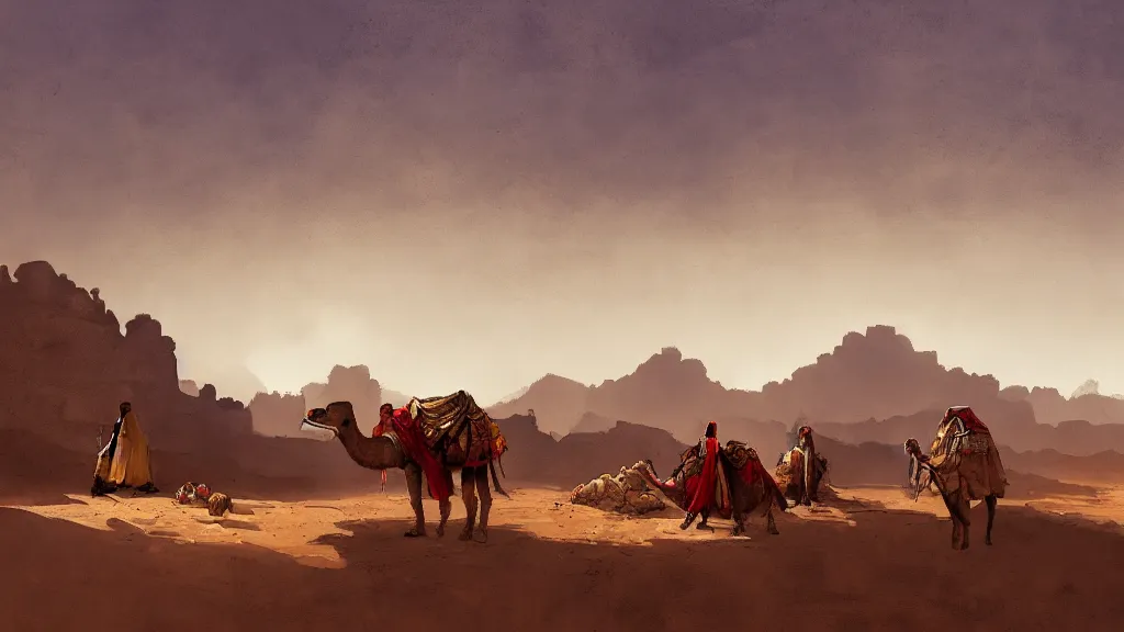 Prompt: desert landscape with arabian merchant with colored bags feeding a camel, rule of thirds, watercolored, jakub rozalski, dark colours, dieselpunk, artstation