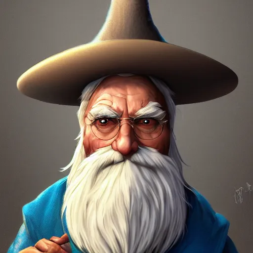 Prompt: a kind old wizard with a long white beard looking a confused with a chicken perched on top of his hat, blue robe, realistic, detailed, trending on ArtStation, by Tony Sart