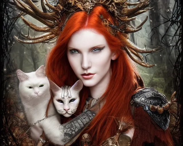 Prompt: 5 5 mm portrait photo of an armored gorgeous aesthetic redhead woman warrior with a face tattoo and antlers growing from her head and cat on her shoulder, in a magical forest. art by luis royo. highly detailed 8 k. intricate. lifelike. soft light. nikon d 8 5 0.