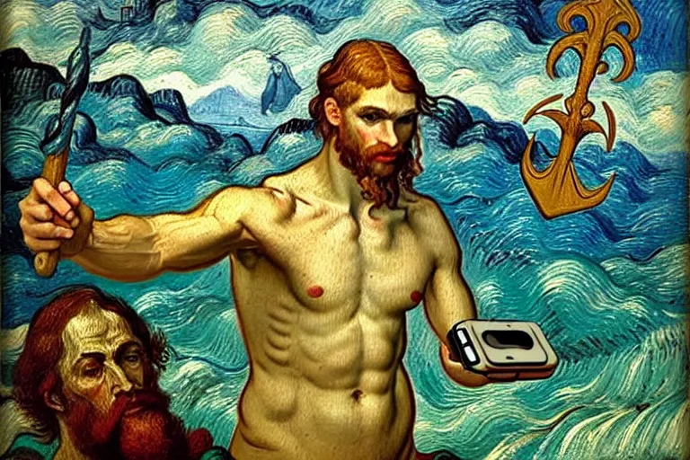 Image similar to hyperrealistic renaissance oil painting of greek god poseidon taking a selfie of himself underwater holding a go pro look king confused holding his trident, highly detailed and intricate by vincent vang gogh and billy butcher