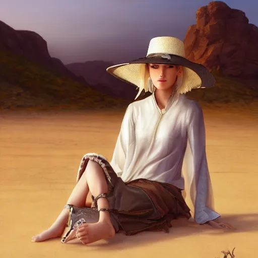 Image similar to a blind girl with white hair wearing a straw hat in the desert, digital art, 8 k resolution, unreal engine, highly detailed, pretty face, very beautiful face, feminine face, very detailed eyes, photorealistic by wlop, greg rutkowski