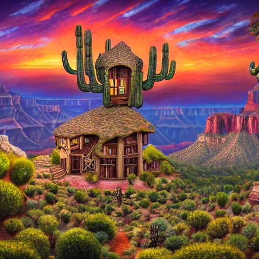 Image similar to fancy treehouse mansion built in a giant cactus on top of plateau with amazing panoramic view of colorful sunset over the grand canyon detailed luminescent airbrushed magical realism painting 4 k