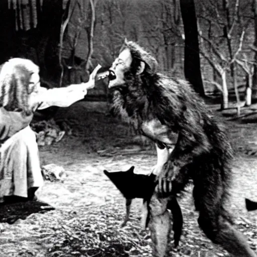 Prompt: film still of a werewolf asking for food in the wolf man 1 9 4 1