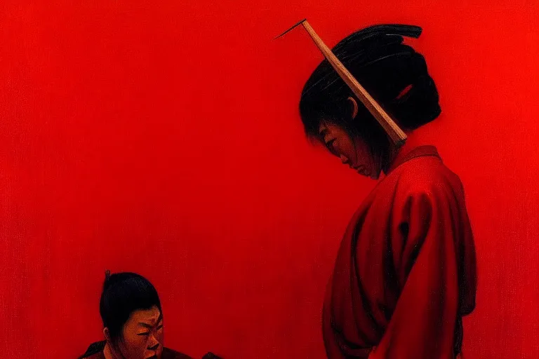 Image similar to only with red, a red samurai do seppuku, tokio, a lot of frogs watch, in the style of beksinski, parts by edward hopper, parts by rodcenko, parts by yue minjun, intricate and epic composition, red by caravaggio, insanely quality, highly detailed, masterpiece, red light, artstation, 4 k