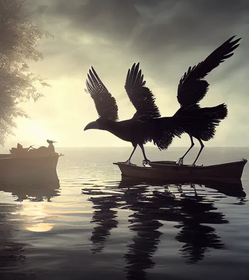 Prompt: three crows in a little boat in a swamp, volumetric lighting, majestic light, octane render, ethereal glare of the sun, hyper realistic, epic, masterpiece, by greg rutkowski