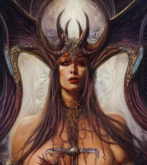 Prompt: a detailed painting of famale fantasy demon priestess, art by karol bak and mark brooks and donato giancola, centered, aesthetically pleasing