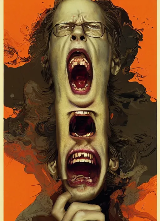 Prompt: poster artwork by Michael Whelan and Tomer Hanuka, Karol Bak of Dwight Schrute screaming due to his mind expanding too much, from scene from The Office, clean, simple illustration, nostalgic, domestic, full of details