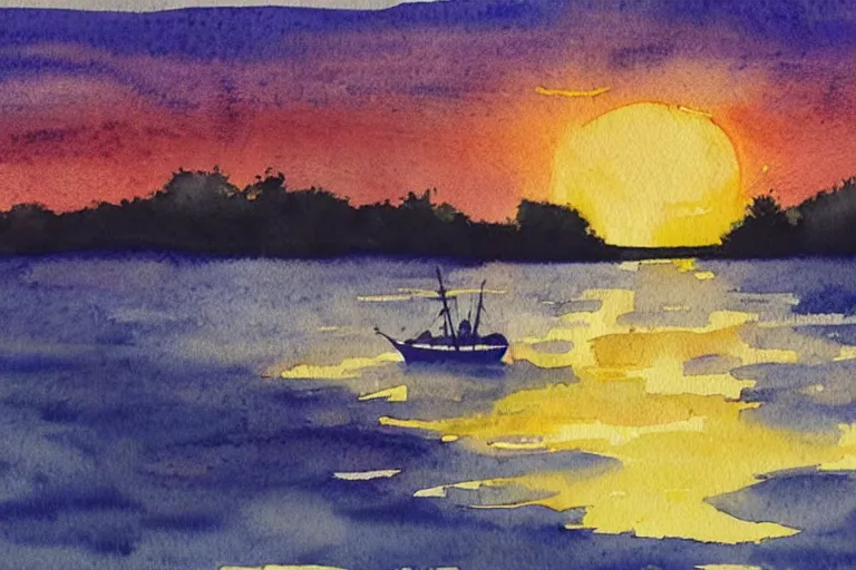 Prompt: Watercolor illustration of a boat against the sunset
