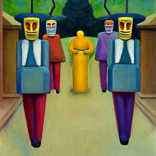 Image similar to robot druids in a grand processional, capital plaza, grant wood, pj crook, edward hopper, oil on canvas