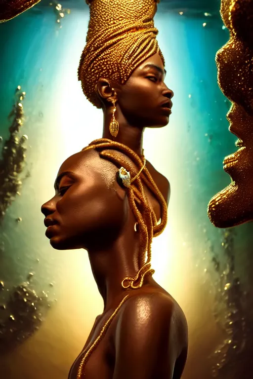 Prompt: hyperrealistic cinematic half underwater scene very expressive! translucent elegant african goddess full body, gold jewerly, highly detailed face, digital art masterpiece, aykut aydogdu eric zener, dramatic volumetric light, long shot, low angle uhd 8 k, sharp focus