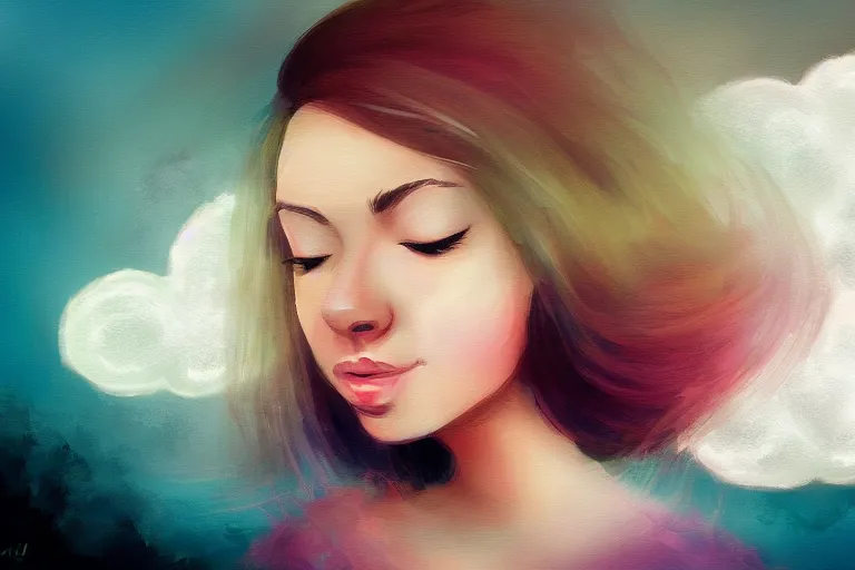 Image similar to a cute beautiful girl sitting on a cloud relaxing, digital painting, portrait, fish eye lens,