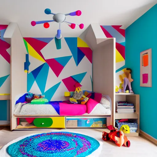 Prompt: furnishing catalog photography, children's room. The walls are decorated with triangles of all colors that explode towards the ceiling